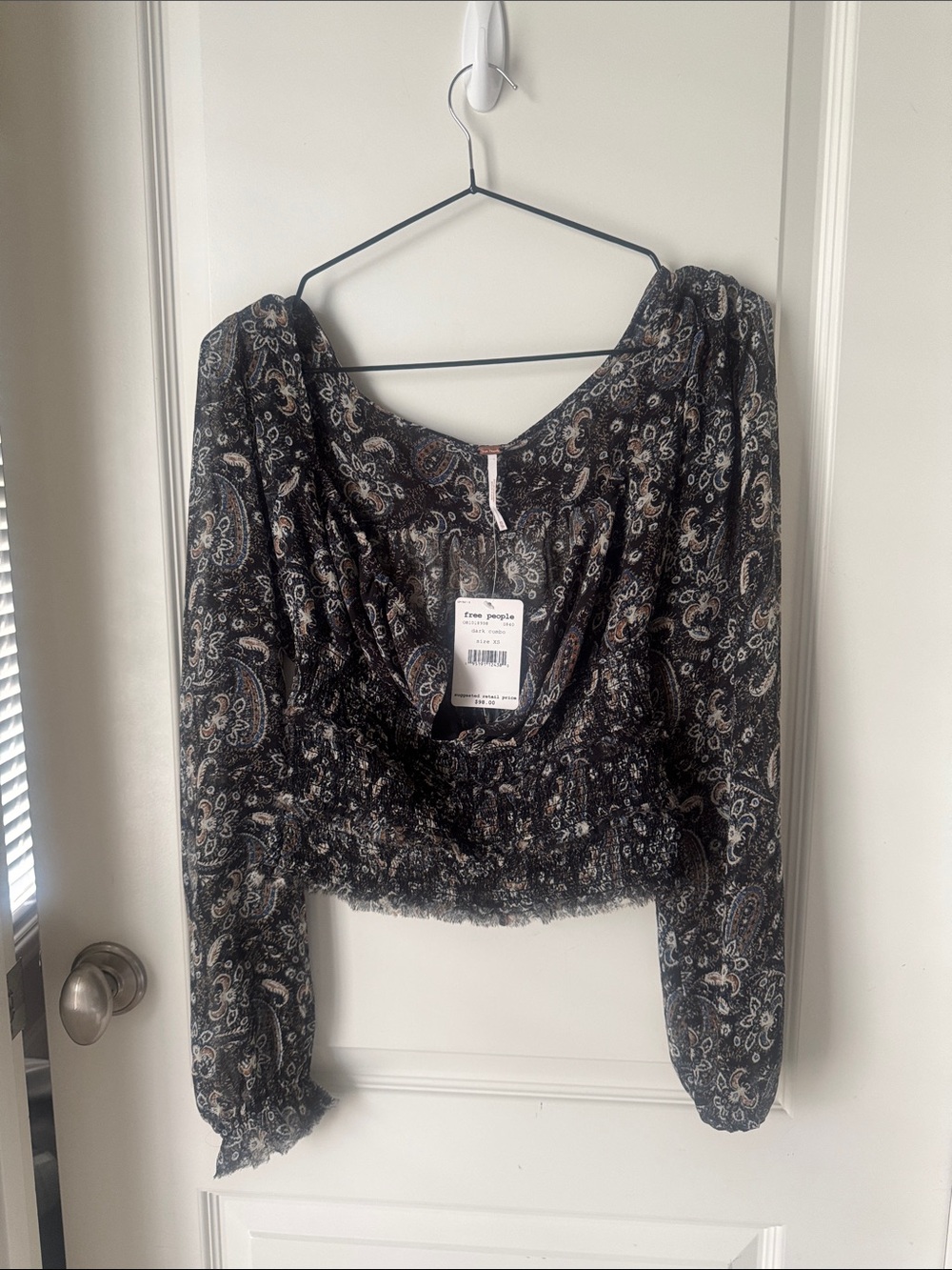 Free People  Paisley Square-Neck Smocked Waist Blouse